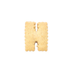 Closeup brown cookie in H english alphabet isolated on white background with clipping path
