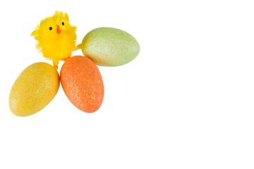 Easter chicken with colored eggs on white background