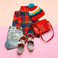 Stylish set of clothes. Checkered jacket and bright accessories. Hipster trend style. Spring Casual Urban