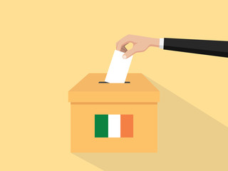 Fototapeta na wymiar ireland election vote concept illustration with people voter hand gives votes insert to boxes election with long shadow flat style