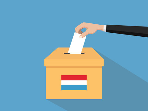 luxembourg election vote concept illustration with people voter hand gives votes insert to boxes election with long shadow flat style