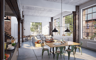 View inside luxury industrial Loft apartment - Blick in Loft bei Sonnenlicht