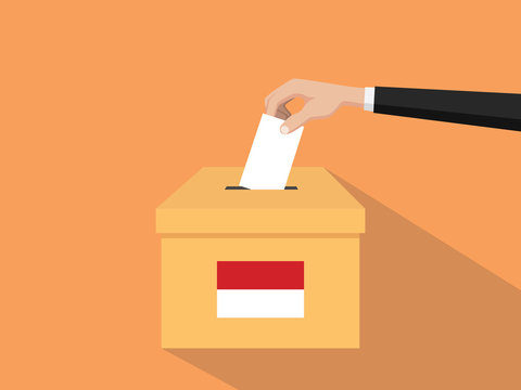 indonesia vote election concept illustration with people voter hand gives votes insert to boxes election with long shadow flat style
