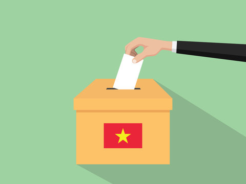 vietnam vote election concept illustration with people voter hand gives votes insert to boxes election with long shadow flat style