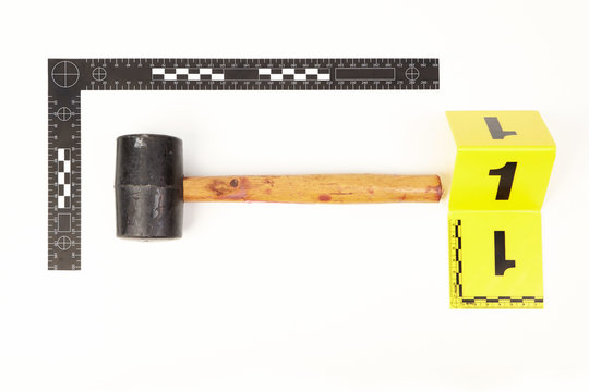 Hammer with bloody handle as evidence of violent crime