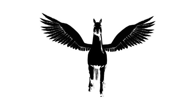 Black silhouette of Pegasus. Alpha channel. Alpha matte. 4K.