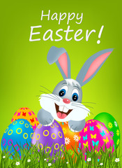 Easter greeting card with colorful eggs and bunny.