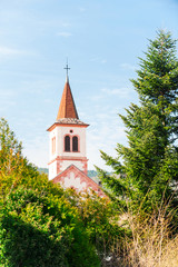 View of classic french castle with spire and red tiled roofs