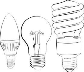 three electric lamp sketches isolated on white