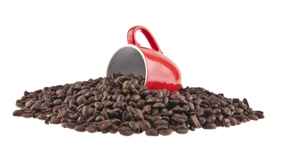 Vlies Fototapete Kaffee Bar Körner Kaffee und rote Tasse