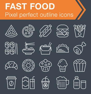 Pixel perfect outline fast food icons for mobile apps and web design.