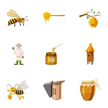 Beekeeping icons set, cartoon style