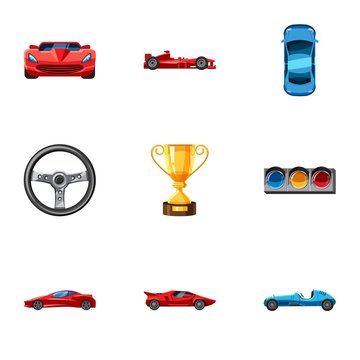 Racing accessories icons set, cartoon style