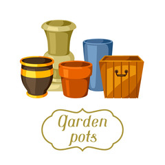 Garden pots. Background with various color flowerpots