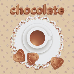 Hot chocolate with chocolate hearts. Composition on the napkin with lace and fabric with a pattern of coffee beans. Vector image. 