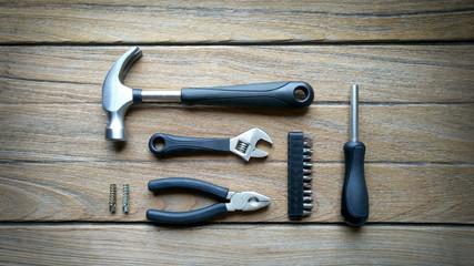 tools on wood background