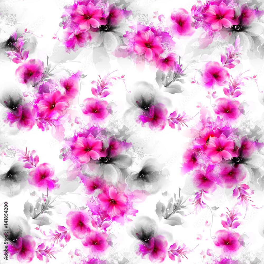 Poster seamless pattern with pink and gray abstract flowers and decorative elements on white background.