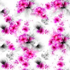 Seamless pattern with pink and gray abstract flowers and decorative elements on white background.