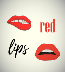 red lips in cartoon style with calligraphy and lettering vector.