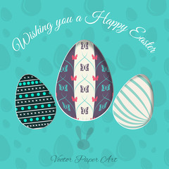 Vector poster of Easter eggs with different patterns, rabbit stamp, shadow and text on the turquoise background with pattern.