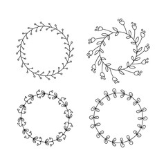 Round handdrawn wreaths on white background. Collection of clip art vector bouquets. Romantic wreath with copyspace for your text. Save the date, wedding or invitation card design element.