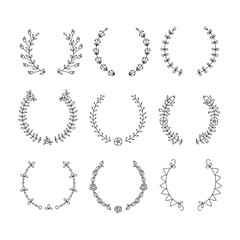 Collection of handdrawn laurels and wreaths. Floral wreath with copyspace for your text. Save the date, wedding or invitation card design element. Vector illustration isolated on white background.