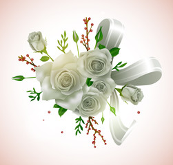 Beautiful white rose bouquet with ribbon