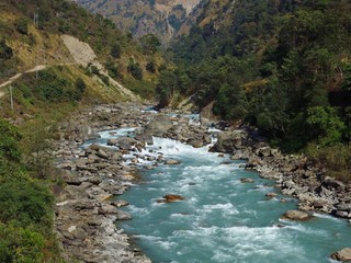 Marsyangdi river. Turquoise river in the Annapurna Conservation Area, Nepal.