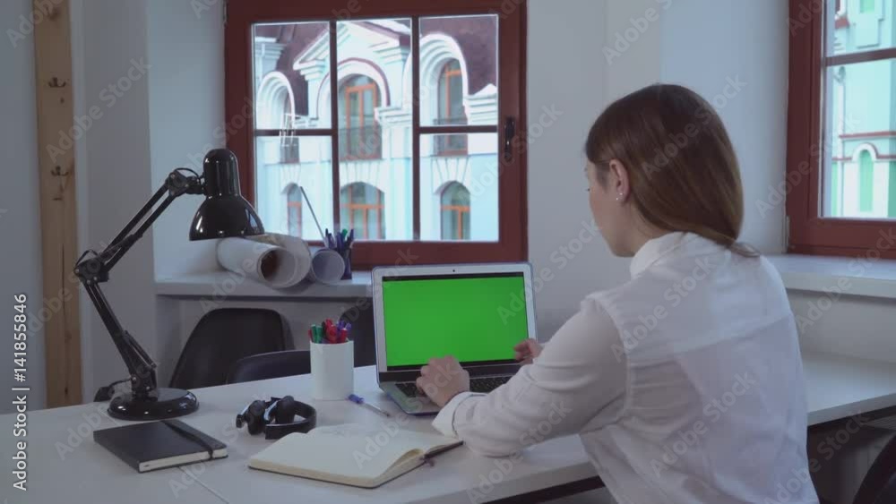 Aufkleber woman working with computer in office or at home. lady with long blond hair sitting at the desk typi