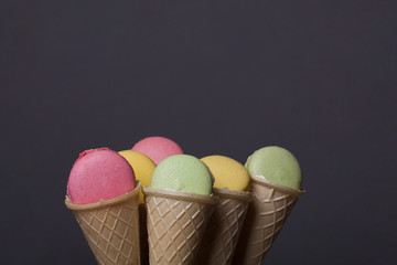 colorful macaron, tasty cookies in waffle, wafer ice cream cone