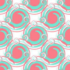 Seamless abstract pattern from large round elements of turquoise and pink. Modern pattern for wallpaper or textile.