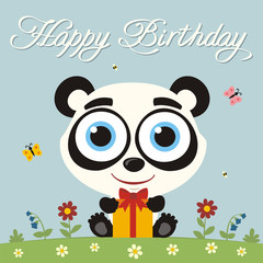 Happy birthday! Funny little panda bear with gift in cartoon style. Card with panda bear for child birthday.