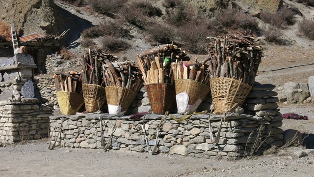 Braided pannier full with firewood put down by local women while having a rest. Scene near Manang, Nepal.