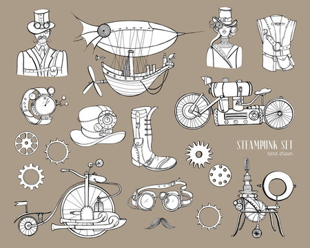 Steampunk objects and mechanism collection machine, clothing, people and gears. Hand drawn vintage style illustration set.