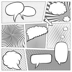 Comic book page template with halftone effect and speech bubbles. Background in pop-art style. Vector illustration in black and white. Monochrome
