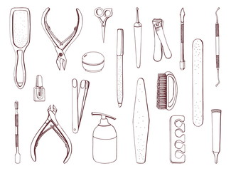 Manicure equipment set. Hand drawn contour collection.