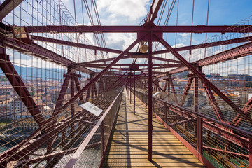 View along the top of the bridge. The Vizcaya Bridge, the worlds oldest transporter bridge, built in 1893, links the towns Portugalete and Las Arenas in the Basque Country, in the north of Spain