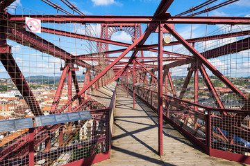 View along the top of the bridge. The Vizcaya Bridge, the worlds oldest transporter bridge, built in 1893, links the towns Portugalete and Las Arenas in the Basque Country, in the north of Spain
