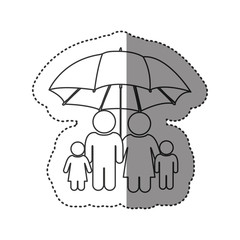 sticker of monochrome contour of pictogram with umbrella protecting family group vector illustration