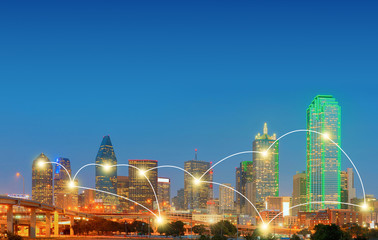 Network and Connection Technology Concept of Downtown Dallas, Texas, USA