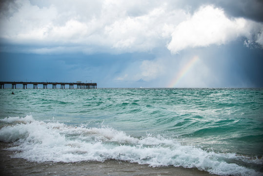 Sea Landscape with Rainbow and Pier 