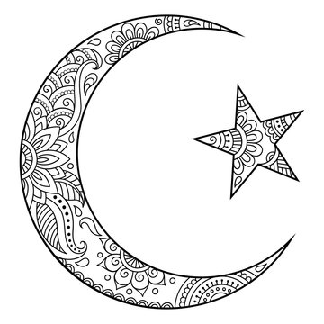 Religious Islamic symbol of the Star and the Crescent. Decorative sign for making and tattoos. Eastern Muslim symbol.