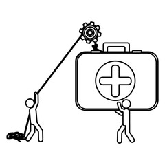 Obraz premium Silhouette workers with pulley holding first aid kit vector illustration