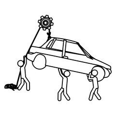 Silhouette workers with pulley holding small automobile vector illustration