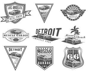 Vector set of American muscle car for logo templates, icons, emblems, promotion, isolated on white background