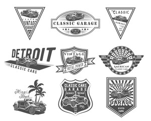 Vector set of retro car for logo templates, icons, emblems, promotion, isolated on white background