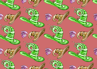 Seamless texture , fairytale   hat on a pink background 