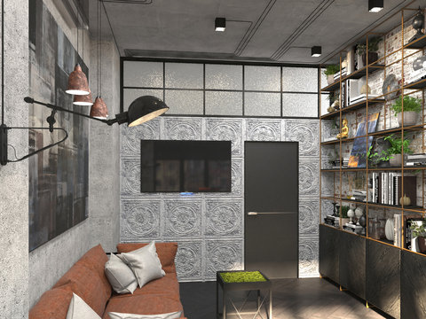 Interior design of the study  in the office for the head in the loft style. 3D visualization of the cabinet.
