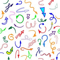 Seamless pattern. Hand drawn different colors and effect arrows on white background. Vector illustration.