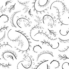 Seamless pattern background. Hand drawn different branches with leaves. Black and white colors. Vector illustration.